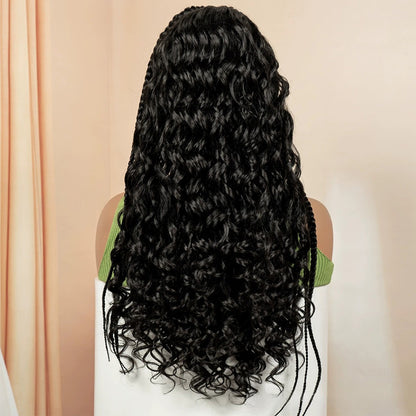 13x6 Lace Front Cornrow Braided Boho Water Wave Wig Black