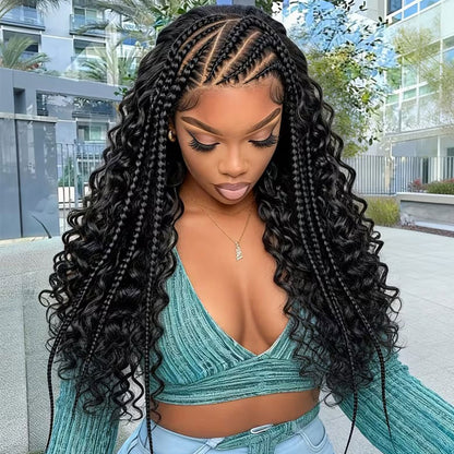 Black 13x6 Lace Front Cornrow Braided Boho Water Wig