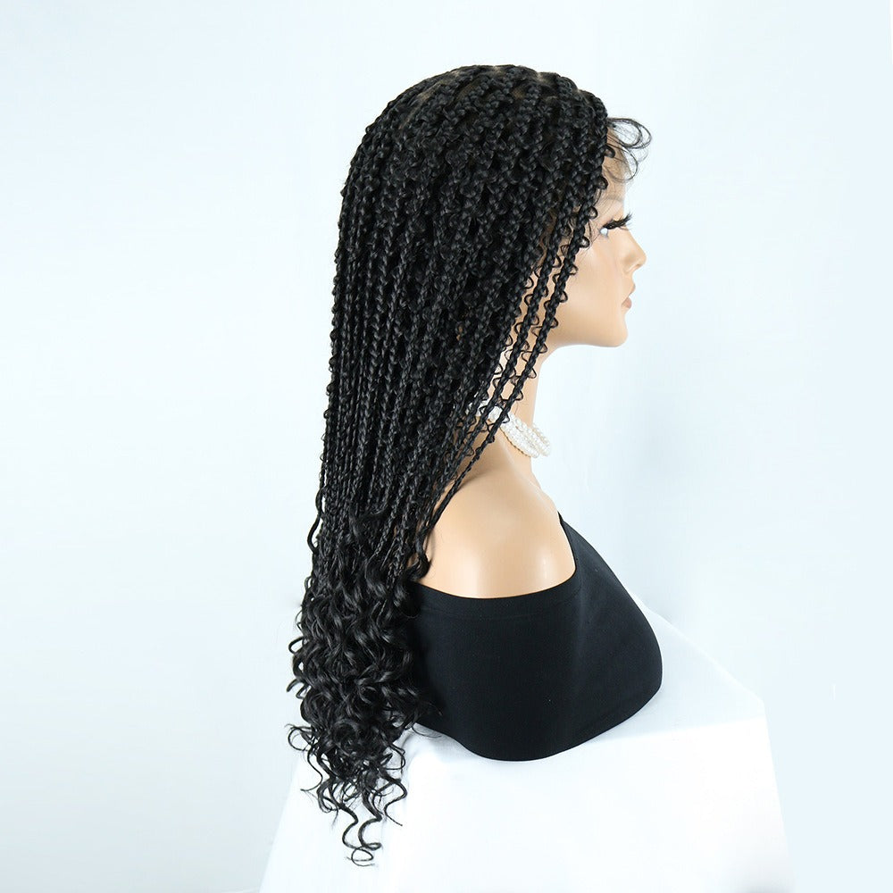 Black Full Lace Boho Knotless Box Braided Wig Curly Ends