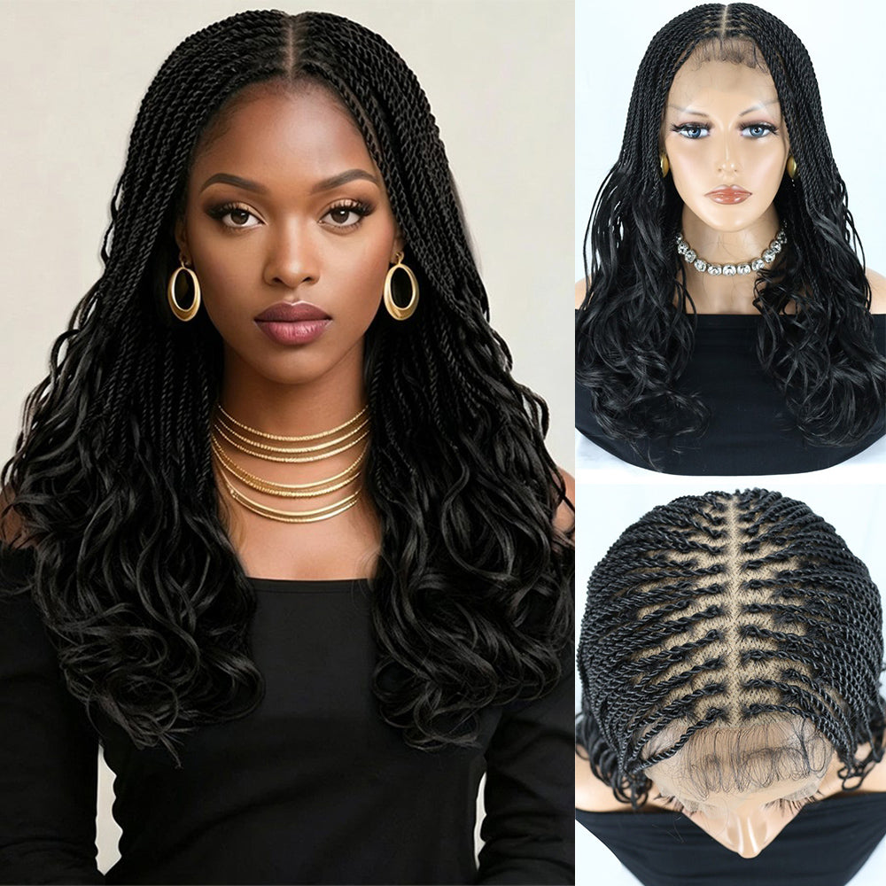 Black Full Lace Boho Senegalese Twist Wig with French Curl Ends