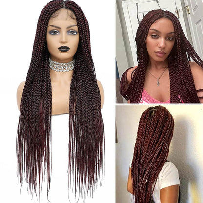 Full Lace Hand-Braided Black Box Braid Wig Burgundy