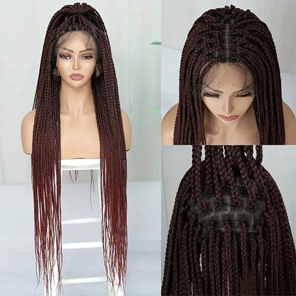 Burgundy Full Lace Hand-Braided Black Box Braid Wig 