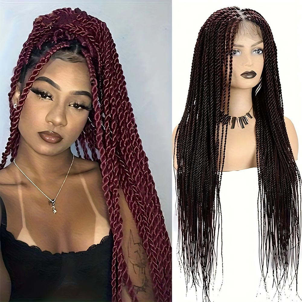 Full Lace Knotless Senegalese Twist Braided Wig Burgundy